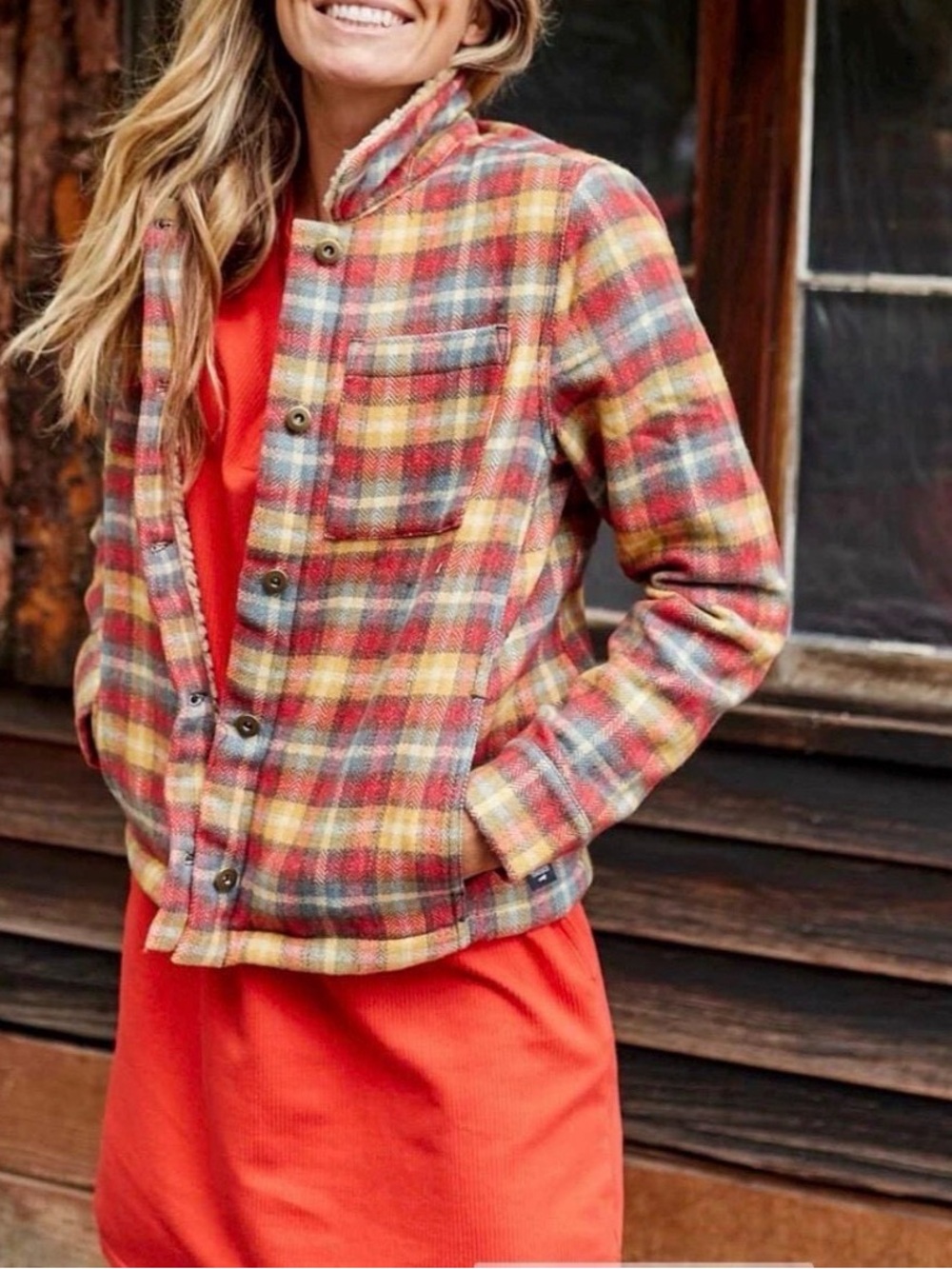 Toad&Co Plaid Pea Coat in Red, Yellow & Green